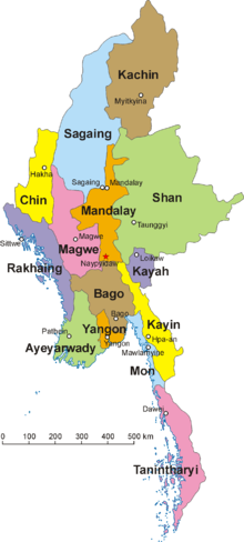 خريطة ميانمار وتظهر بها ولاية أراكان (راخين) وشمالها ولاية هضبة شين